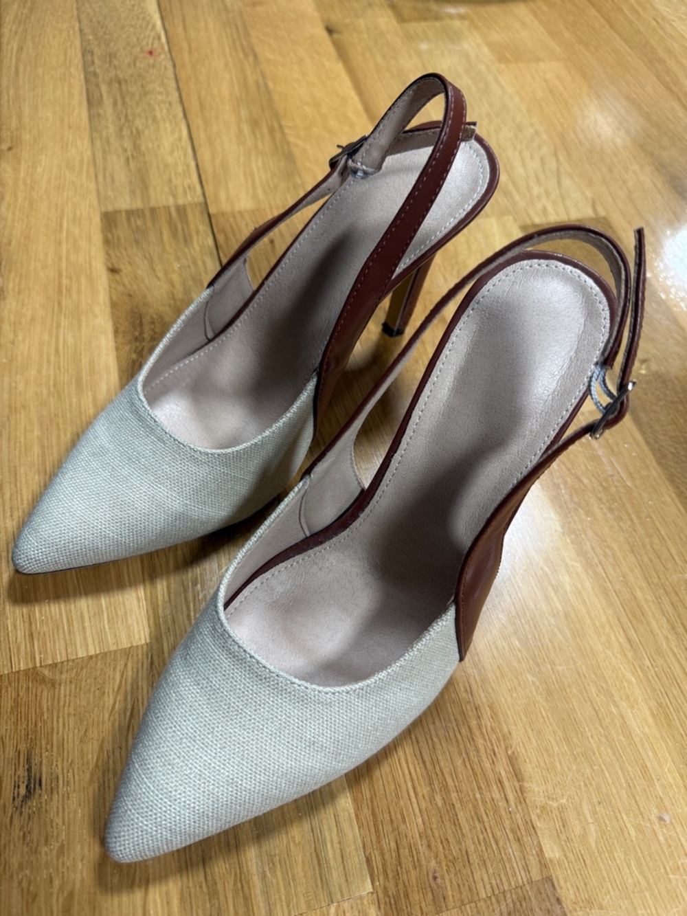 Cream Pointed Slingback Heels with Brown Leather Strap